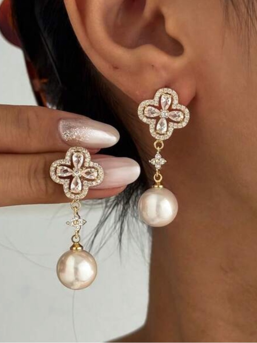 Gold-Tone Pearl Drop Earrings with Crystal Clover Motif